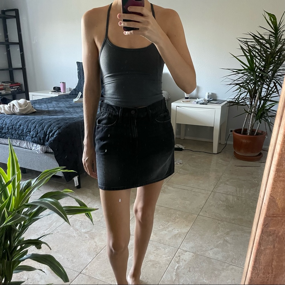 Black frame denim mini skirt